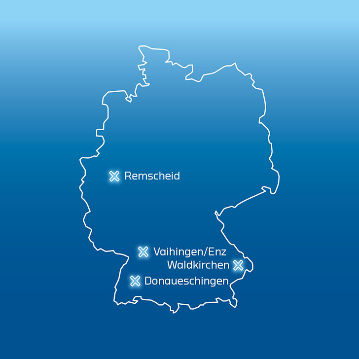 Karte mit den deutschen Gedore Standorten auf blauem Hintergrund