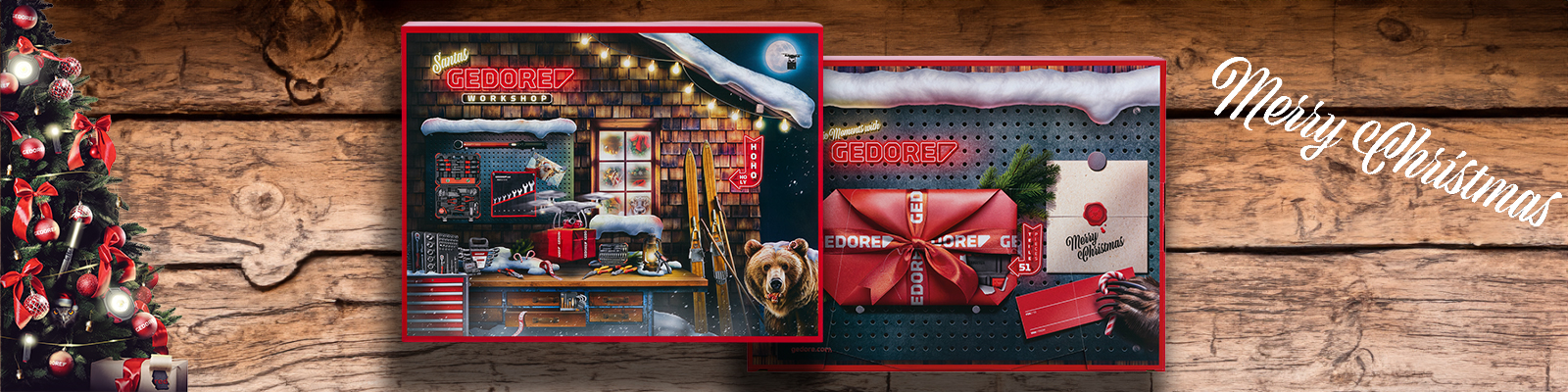 Gedore red Adventskalender mit Schlitten und Weihnachtsdekoration